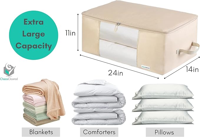 Comforter Storage Bag - Folding Organizer bag for King/Queen Comforters, Pillows, Blankets, Bedding/Quilt, Blanket, Duvet, Large Collapsible Organizers, 24"x14"x11" (Beige, 1-Pack)