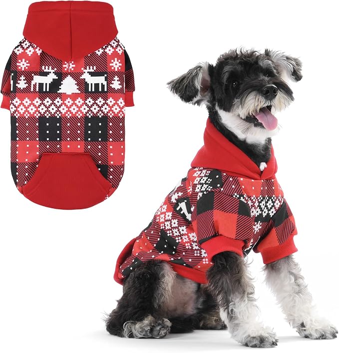 KOOLTAIL Christmas Dog Hoodie,Red Plaid Pet Clothes Sweater with Leash Hole&Pocket for Small Medium Large Dogs, Soft Winter Warm Dog Cold Weather Coat, Fleece Puppy Hooded Sweatshirt for Boys Girls, S