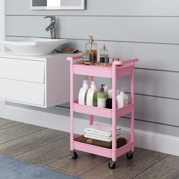 Steehoom 3-Tier Utility Rolling Cart with Cover Top Board, Mobile Utility Cart with Lockable Casters Multi-Functional Storage Trolley for Office, Bathroom, Kitchen, Garden, Laundry Room (Pink)