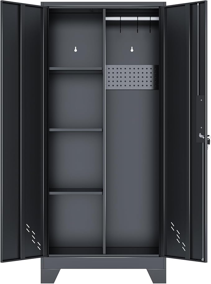 61" Metal Storage Cabinet with Lockable Doors, Cleaning Supply Cabinet with Pegboard and Hanging Rod. Garage Tool Storage Cabinets for Home, Laundry, Office, Home Kitchen Utility Cabinet