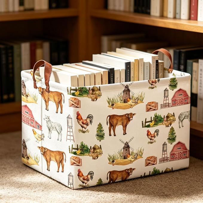 Rectangle Storage Basket with Handles,Collapsible Storage Bin,Books Box,Gift Basket(Farm)