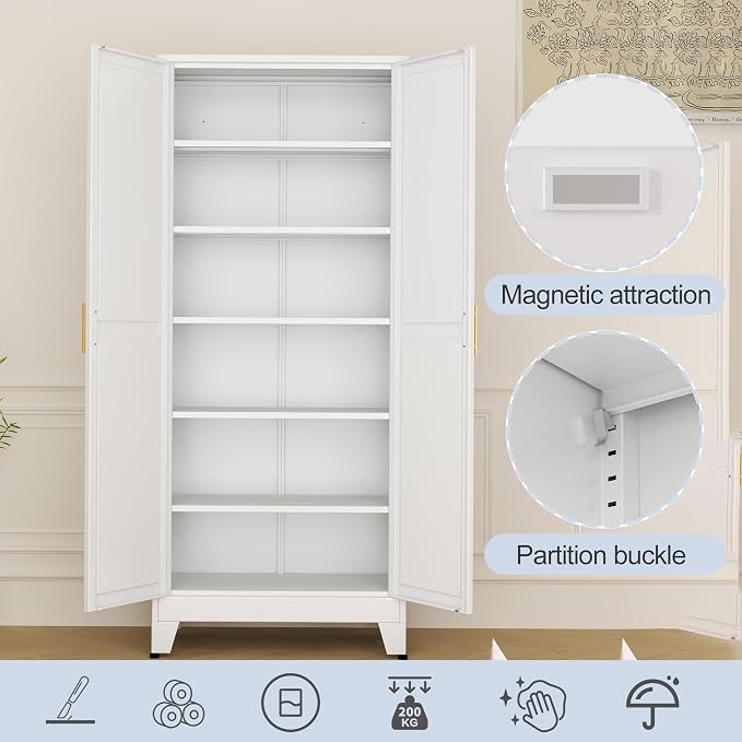 White Metal Storage Cabinet,75" Steel Cabinets for Home Office | Kitchen Pantry Storage Cabinet with Doors and 5 Adjustable Shelves, Tool Cabinets, for Office, Home, Garage, School