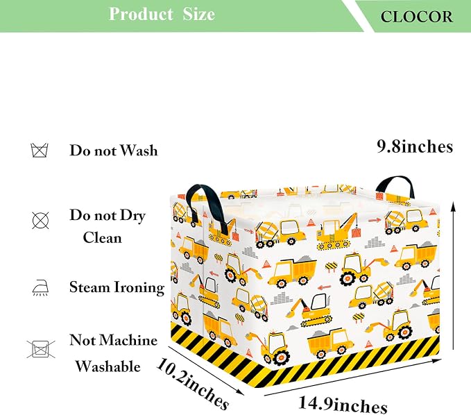 CLOCOR Rectangular Storage Basket,Collapsible Cute Pattern Storage Bin,Waterproof Box with Handles,Gift Basket(Engineering Vehicle)