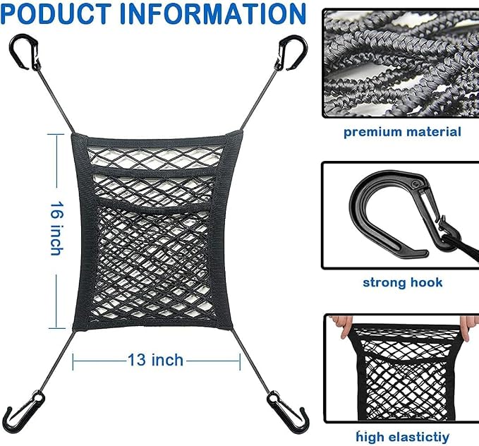 3-Layer Car Mesh Organizer, Seat Back Net Bag | Barrier of Backseat Pet Kids, Cargo Tissue Purse Holder, Driver Storage Netting Pouch, Upgrade Stretch Length