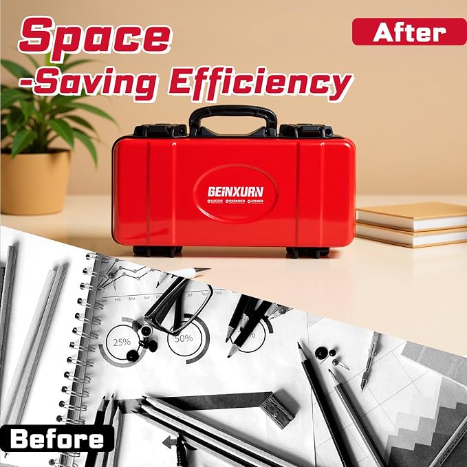 Geinxurn 11”Red Tools Box, Portable Steel Heavy-duty Tool Case with Safety Latch and Handle for Tools Storage and Organizers, Home DIY