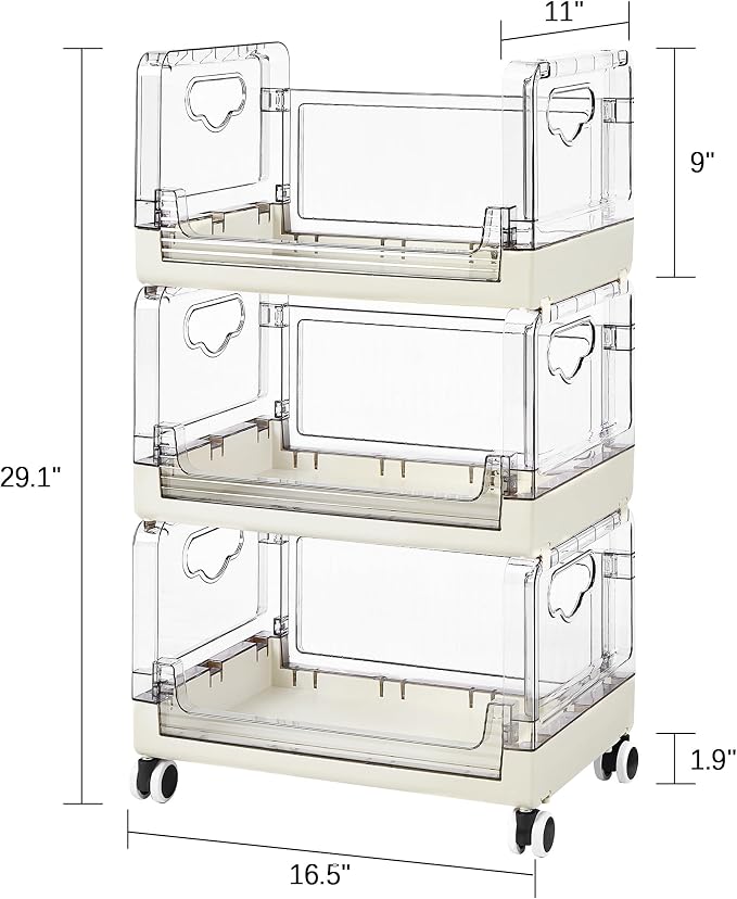 VECELO 3-Tier Fruit and Vegetable Basket, Stackable Kitchen Storage Organization with Wheels, Plastic Rolling Cart with Handles, Wide Open for Kitchen, Pantry, Living Room