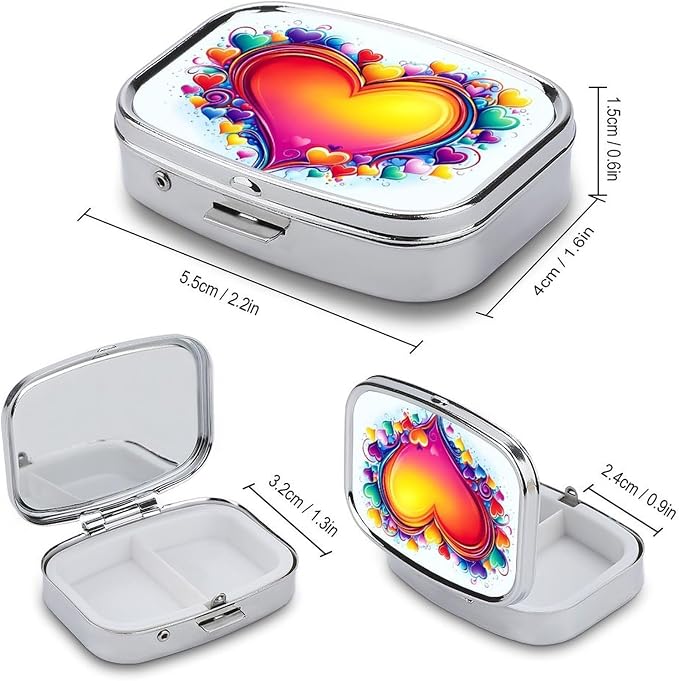 Love Heart Durable Metal Pill Case for Daily Use, 2 Slot Medicine Box Organizer,Leak Proof Travel Pill Container for Vitamins, Compact Pocket Medicine Holder for Seniors,Holiday Gift