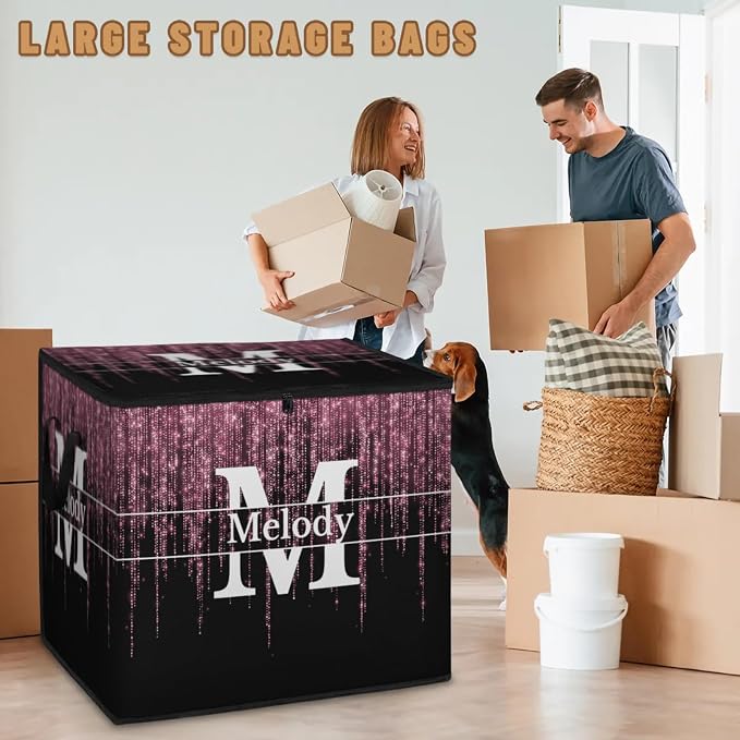 Personalized Name Large Storage Basket with Lid, Initial Letter Canvas Storage Bins Quilt Clothes Organizer for Bedroom, Nursery, Shelves, Closets, Pink Glittering Romantic with Black
