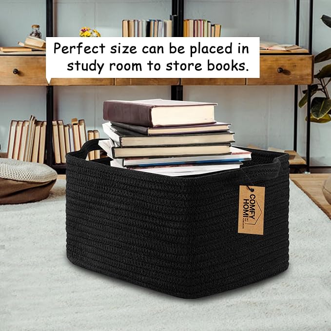 COMFY-HOMI Cotton Rope Woven Basket with Handles for Shelves,Toys,Book, Cloth Storage Baskets Bin for Organizing- 1 PCSToy Decorative Organizer for Living Room, Bathroom
