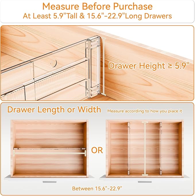 12 Pack Clear Acrylic Drawer Divider 6 Inch High,Expandable from 14-20'',Adjustable Dresser Drawer Dividers for Baby Clothing,Underwear and Sock,Separators,Deep Drawer Separators for Kitchen