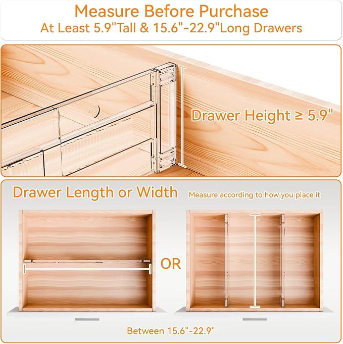 4 Pack Clear Acrylic Drawer Divider 6 Inch High,Expandable from 14-20'',Adjustable Dresser Drawer Dividers for Baby Clothing,Underwear and Sock,Separators,Deep Drawer Separators for Kitchen