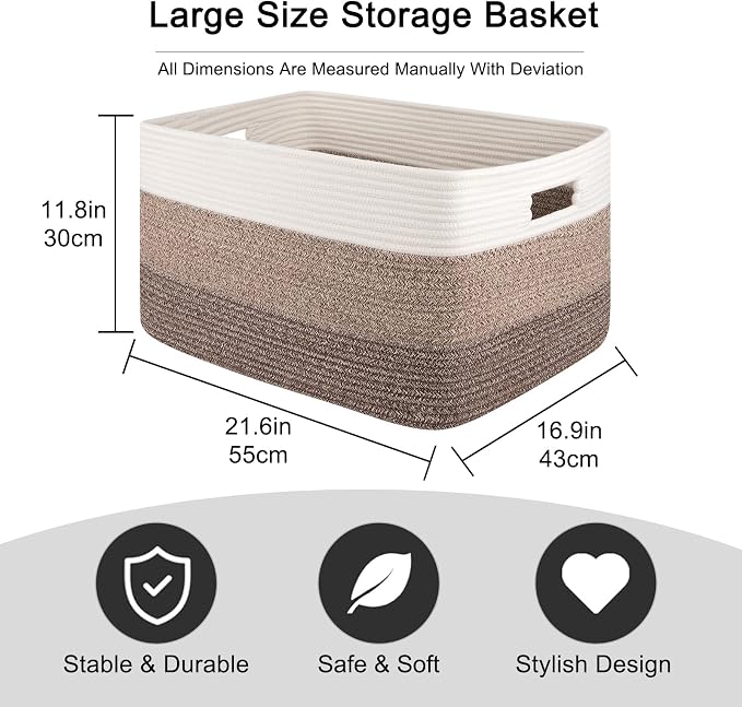 OIAHOMY Blanket Basket Laundry Basket Dog Toy Basket 75L Dark Brown | Large Storage Basket,Baby Basket,Toy Storage,Woven Rope Basket for Blankets,Blanket Storage for Living Room