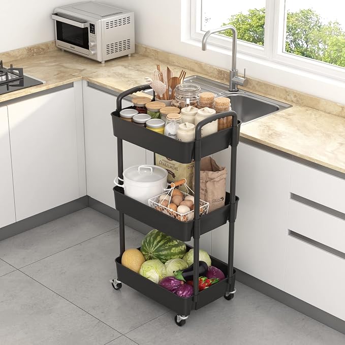 Sywhitta 3-Tier Plastic Rolling Utility Cart with Handle, Multi-Functional Storage Trolley for Office, Living Room, Kitchen, Movable Storage Organizer with Wheels, Black (Pack of 2)
