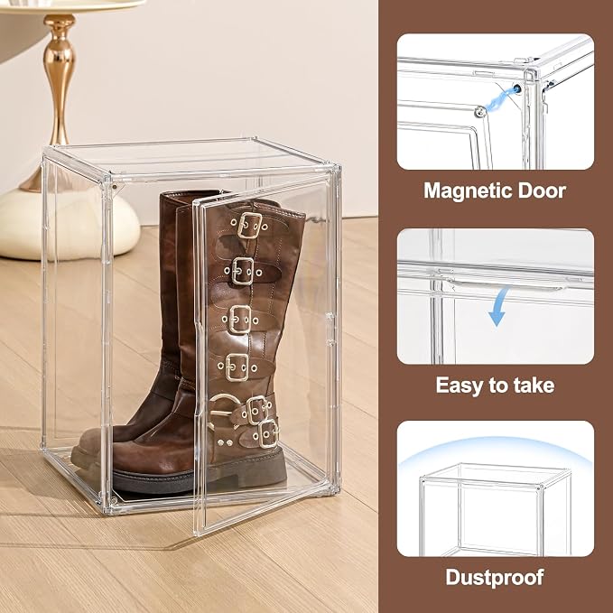 XXX-Large Clear Display Case 17.7" x 13" x 13" Extra Large Display Organizer Box with Magnetic Door, Stackable Acrylic Storage Bin for Boots, Shoes, Collectibles, Bags, Figures