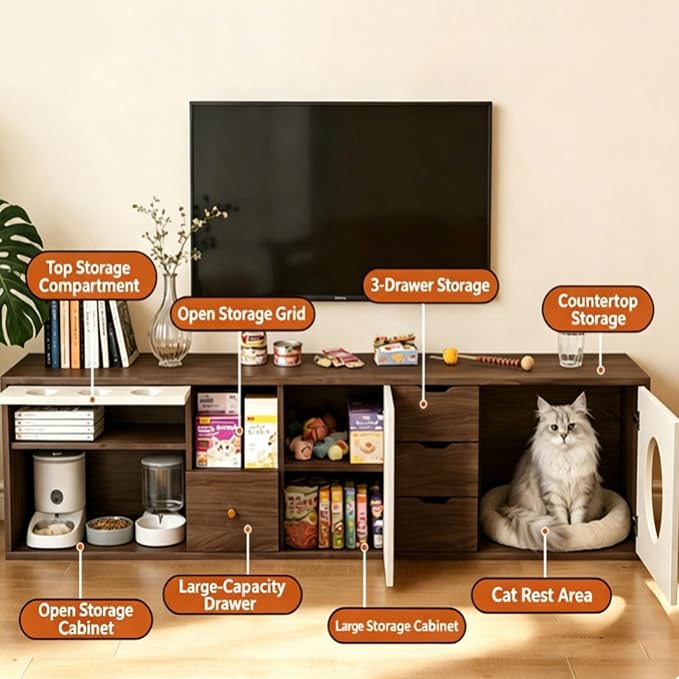 Hidden Cat Bed TV Cabinet, Cat Enclosure Furniture, Wooden TV Stand Table | Pet-Friendly TV Stand with Cat House, Storage Cabinets and Cable Hole, for Home Living Room(200 cm/78.7 in)