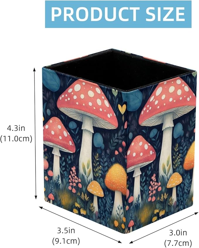 Mushroom Pen Holder for Desk Decor, Rectangular PVC Leather Pencil Cup for Desk Pen Organizer, Makeup Brush Holder for School, Home, Office