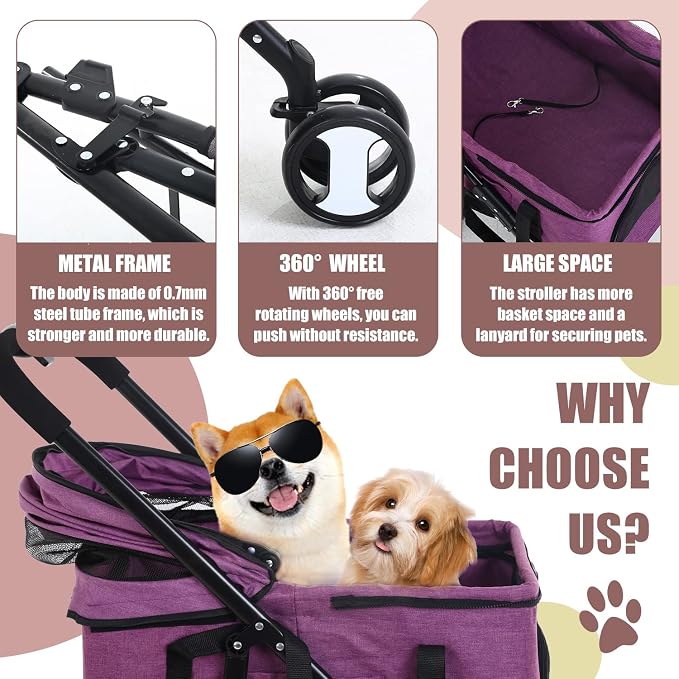 NChanmar Dog Stroller Cat Pet stoller 3-in-1 Folding for Small Medium Dogs Cats with Detachable Carrier Storage Basket Waterproof Lightweight Travel,Purple, 3 Wheels, 7.0 kilograms