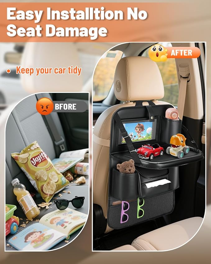 2 Pack Leather Car Backseat Organizer with Foldable Table Tray | Garbage Bag Hook, Protector Kick Mats for Kids, 8 Large-Capacity Pocket, Universal Car Seat Protector for Kids, Pets & Travel
