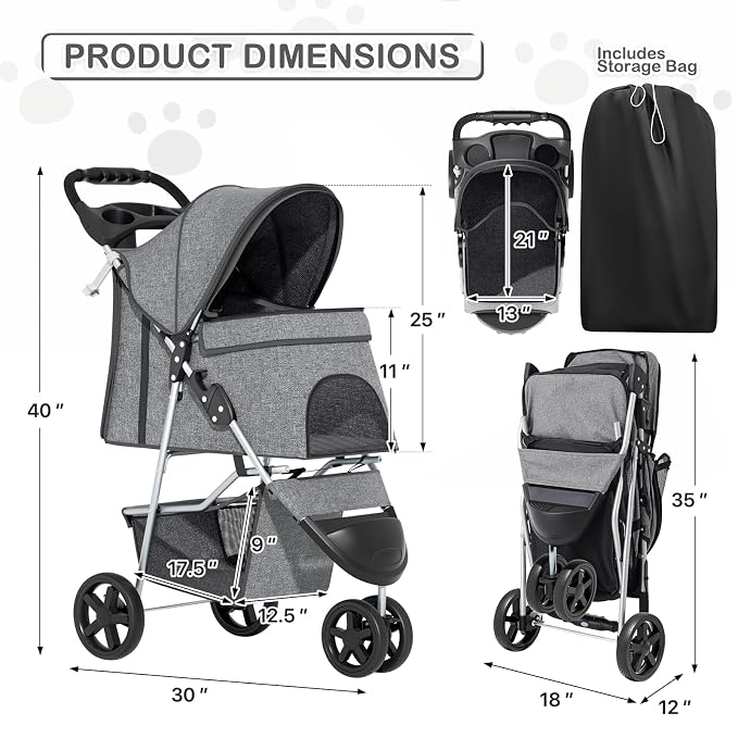 MoNiBloom Pet Stroller for Small/Medium Dogs and Cats up to 33 lbs, Gray | Foldable Dog Stroller 3 Wheels Pet Strolling Cart w/ Storage Basket Cup Holder, Breathable and Visible Mesh for All-Season