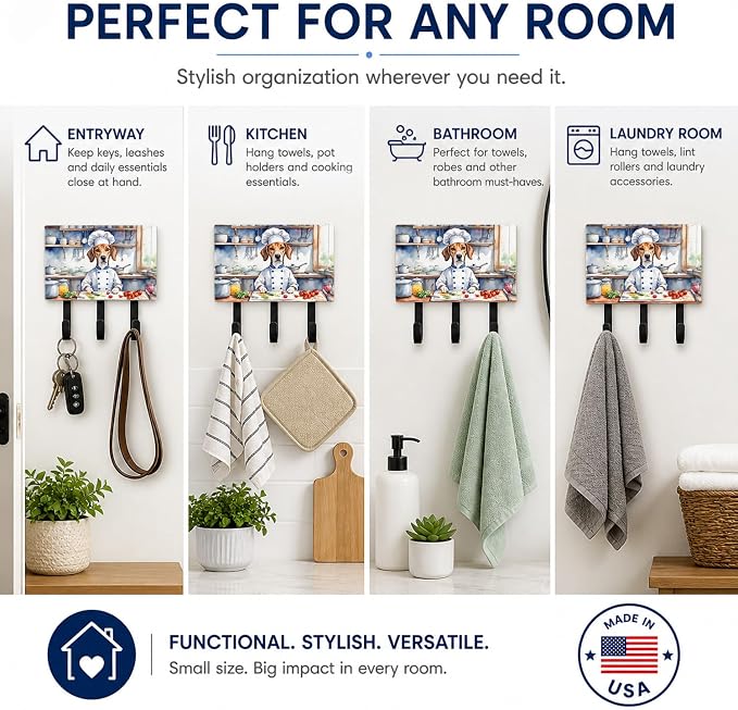 Caroline's Treasures American Foxhound The Chef Leash or Key Holder Wall Hooks, Key Hooks Holder, Coat Rack Wall Mount, Coat Hooks, Hooks for Hanging Keys, Towels, Aprons, Leashes | American Foxhound The Chef artwork on ceramic tile with three steel ho...