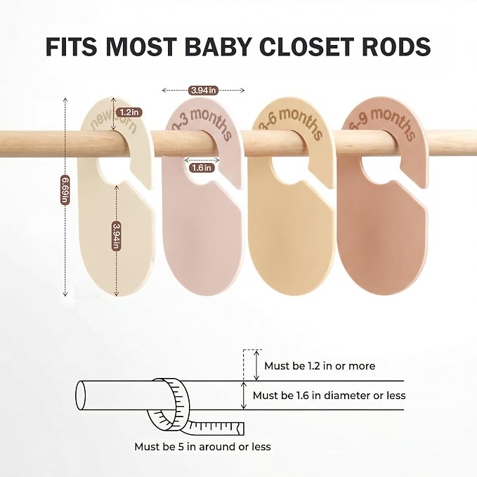 8 Pcs Baby Closet Dividers, Nursery Clothes Organizer | Neutral Baby Clothes Organizer, Baby Nursery Decor Clothes Size Dividers, Clear Label for Easy Sorting, Fits Most Rods