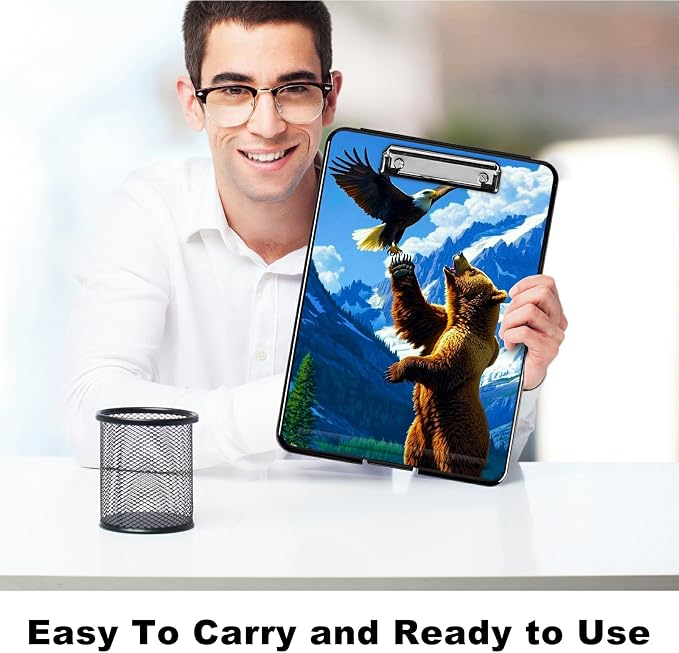 Bear and Eagle A4 Clipboard with Storage Pen Holder, Clipboards Organizer Nursing Clipboard Foldable File Folder Plastic Clipboard Folio Clip Board for Office Students Classroom Doctor