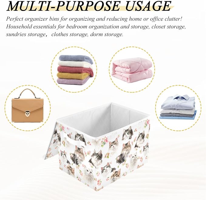 Cartoon American Curl Cats White Storage Containers Storage Organizer Bins With Lid for Sheet Kids Room