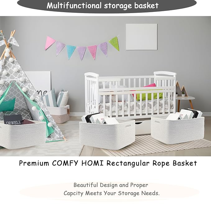 COMFY-HOMI Cotton Rope Woven Basket with Handles for Shelves,Toys,Book, Cloth Storage Baskets Bin for Organizing- 1 PCSToy Decorative Organizer for Living Room, Bathroom 17" x 13" x 7.5"