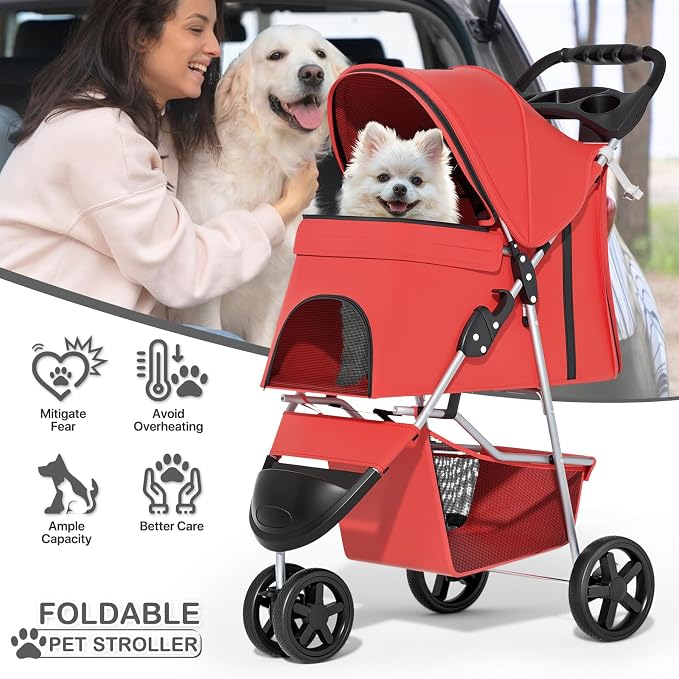 MoNiBloom Pet Stroller for Small/Medium Dogs and Cats up to 33 lbs, Red | Foldable Dog Stroller 3 Wheels Pet Strolling Cart w/ Storage Basket Cup Holder, Breathable and Visible Mesh for All-Season