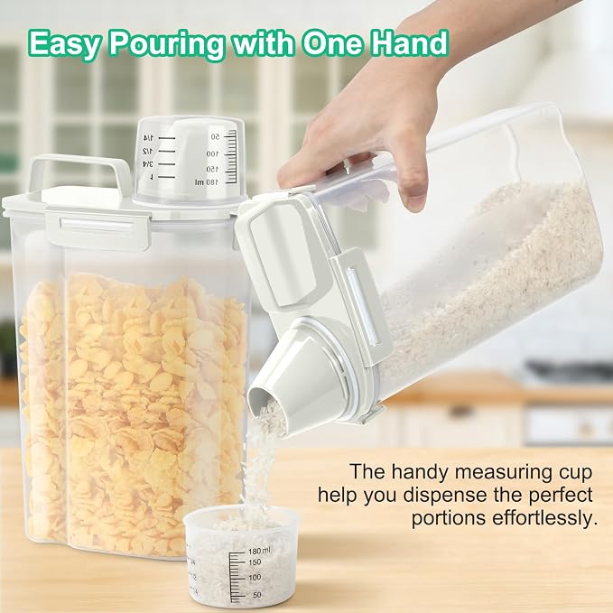 TBMax Rice Container Cereal Storage Container 2 Pack 5 Lbs, Kitchen Pantry Dry Food Storage Holder with Easy-Pouring Spout & Handy Cup, Small Pet Dog Cat Food Dispenser for Daily Feeding -Beige