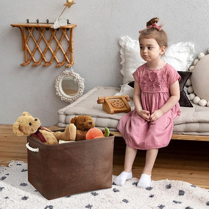 Organization and Storage Basket for Shelves - 3 Pack 16x12x12 inch Fabric Storage Cubes, Cube Storage Bin for Organizing Closet Cloth Organizer Gift Toy (White & Brown)