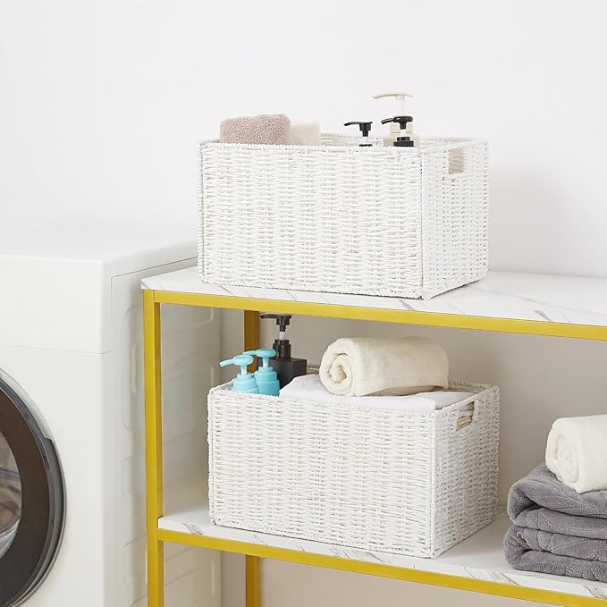 Vagusicc Wicker Storage Basket, Set of 2 Hand-Woven Paper Rope Wicker Basket, Small Storage Baskets for Organizing Toilet Paper Basket, Foldable Large Cube Storage Organizer Bins for Shelves (White)