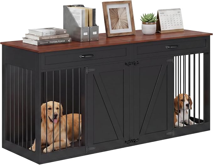 71'' Double Dog Crate Furniture for 2 Dogs, Dog Crate with 2 Drawer | Farmhouse Dog Crate TV Stand with Removable Divider Dog Kennel Furniture, Heavy Duty Dog Cage and TV Stand for Large Mediu