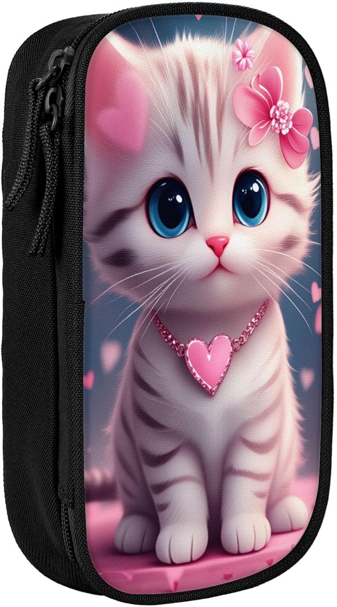 Cartoon Cat Cute Pencil Pouch, Oxford Cloth Pen Case With Double Zipper Compartments, Portable Stationery Organizer For Office Supplies, Travel Accessories Makeup Items