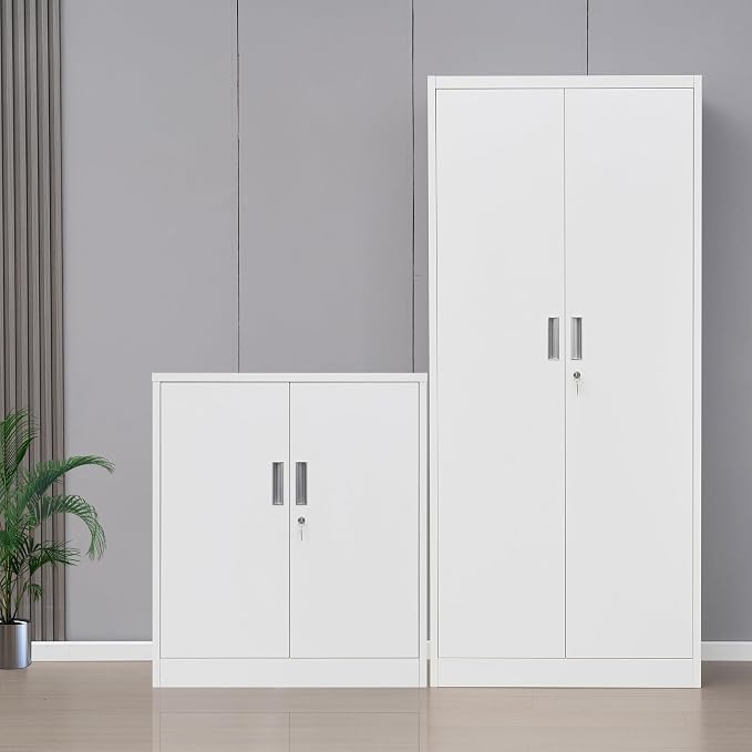 Wanfu Metal Storage Cabinet, 36" H Locking Storage Cabinet with 2 Adjustable Shelves for Garage, Home, Office, Utility Room-White
