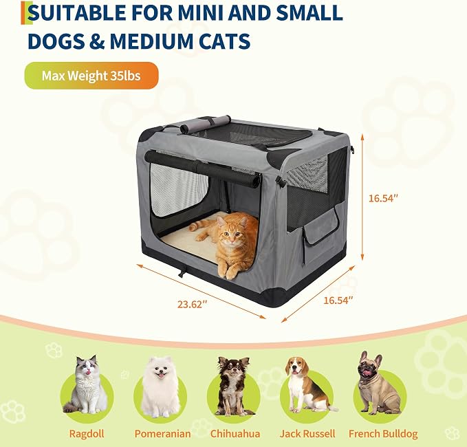 24 Inch Soft Dog Crate Collapsible 3-Door Travel Kennel for Large Dogs, Portable Pet Cage, Fleece Bed, Storage Pocket & Safety Zippers, Indoor Outdoor Car Use Dog Crate