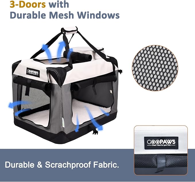 Jespet 3 Door Soft Dog Crates Kennel for Pets, Folding Travel Pet Carrier | 3 Mesh Doors 24'' Dog House, Large Pocket, Easy to Install, Steel Frame, Removable Crate Pad, For Indoor & Outdoor