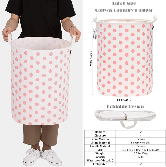 Sea Team Large Canvas Laundry Basket with Handles, Pink Dots | Collapsible Fabric Laundry Hamper, Closet Shelf Organizers, Containers for Clothing, Blankets, Toys, Bedding, 19.7 x 15.7”