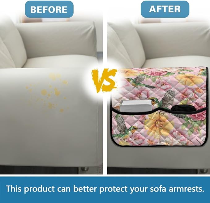 Hummingbird Pattern Sofa Armrest Covers Non-Slip Arm Rest Covers Washable Couch Arm Cover with 2 Pockets Dustproof Furniture Protector for Living Room Decoration