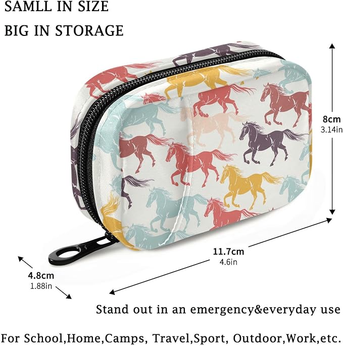 Fustylead Colorful Galloping Horses Silhouette Pill Organizer for Purse, Weekly Portable Pill Box with Zipper to Storage Vitamins Fish Oils Medications Supplements