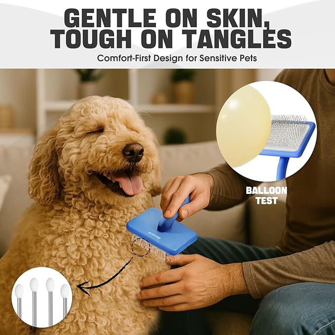 Bonteck Dog Slicker Brush for Dogs Grooming Kit 4PCS | Large Dog Brush for Goldendoodles Poodles Doodles | Long Pin Haired Brush | Poodle Brushes and Comb (Blue)