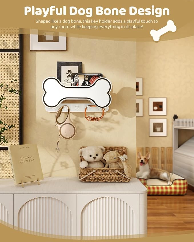 MTERSN Dog Leash Holder for Wall for Apartment Essentials, Black & White | Chic 3D Puppy Paw Hooks for Dog Leash, Doggie Bone Shape, Key Holder for Wall with 5 Hooks, Dog Stuff Storage Shelf