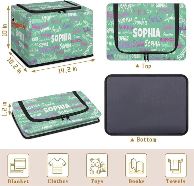 Personalized Kids Toy Box with Name, Custom Nursery Baskets Cubes Box with Zipper Lid, Kids Custom Storage Basket Laundry Baskets Organizer with Handles, Light Green Solid Color