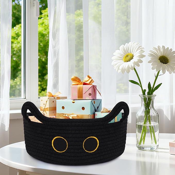Black Cat Toy Basket for Nursery,Small Cute Cat Oval Woven Rope Basket | Cotton Rope Storage Toy Bin, Baby Shower Blanket Hamper 0rganize Box with Handles,Gifts Empty Storage Cat Bin,12"D x 5"H in