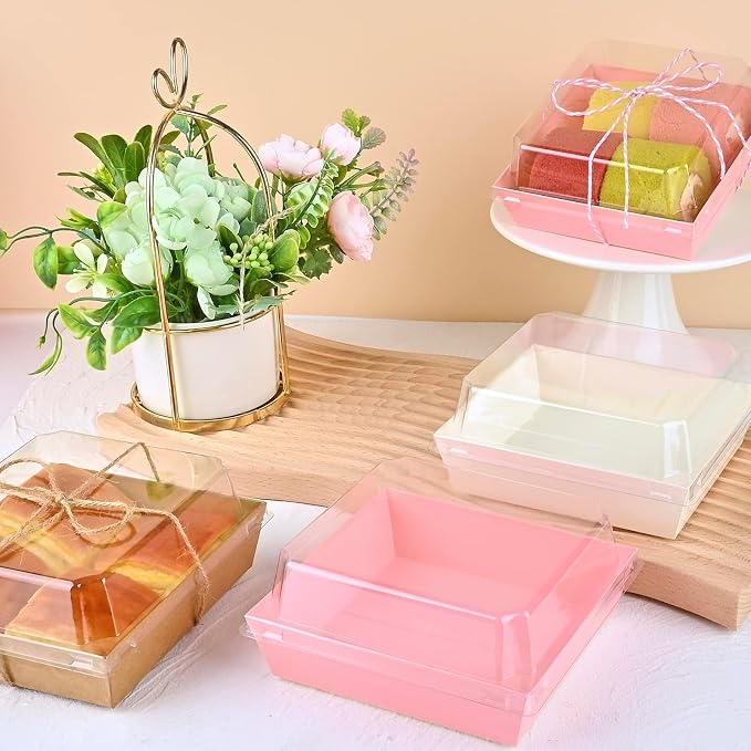 ZORRITA 100 Pack 5 Inch Paper Charcuterie Boxes with Clear Lids, Pink | Small, Square, To Go Food Containers, Bakery Boxes, For Mini Cake, Desserts, Cookies, Sandwiches, Strawberries