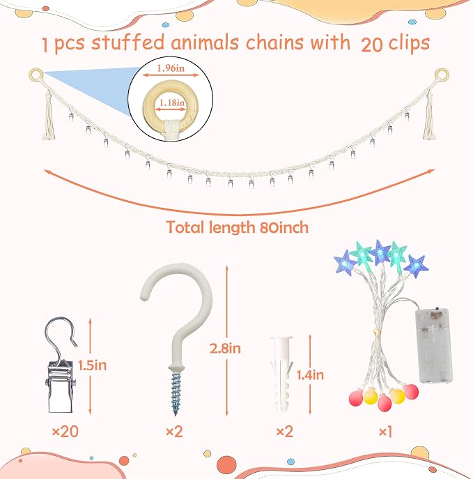 1 PCS Stuffed Animals Storage Chain Organizers 80" Cotton Hanging Storage Chain with 20 Metal Clips and 10 LED Light Stuffed Animal Display Holder Chain for Nursery Play Room (1PcsWhite)