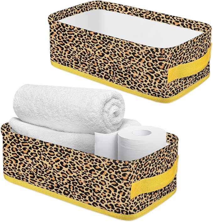 Leopard Skin Animals Bathroom Storage Basket, Foldable with Handle Open Countertop Paper Towel Decorative Box, Toilet Tank Top Shelf Baskets for Home Closet Bedroom Living Room Office