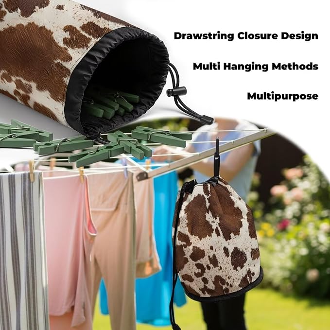 Cow Print Clothespin Bag with Hanging Hook for Clothesline Outdoor Summer Laundry Clothes Pin Holder Portable Pin Storage Organizer for Home Balcony Travel