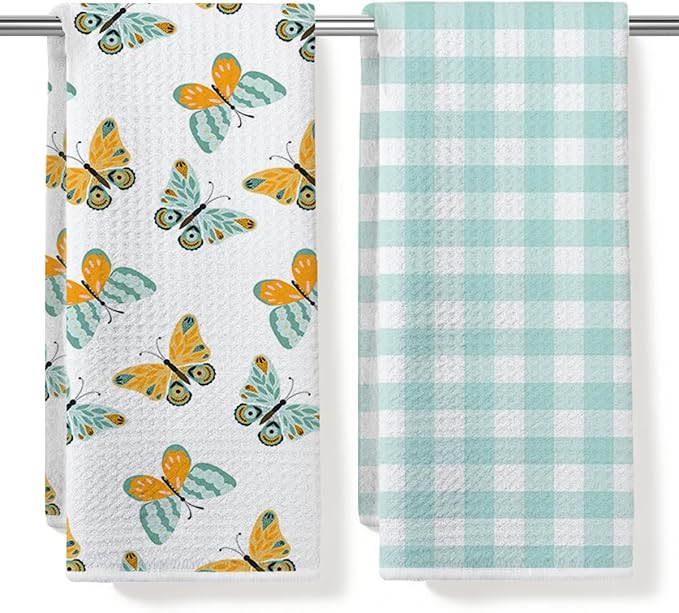 Butterfly and Green Checkered Kitchen Towels, Quick Dry Multipurpose Waffle Weave Hand Towels for Bathroom, Absorbent Reusable Cloth Tea Dish Towels for Home Decor, Butterfly Lover Gift Towel Set of 2