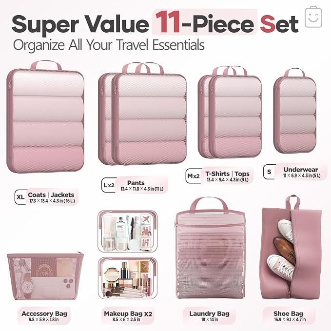 Veken 11 Set Compression Packing Cubes Garment Bags for Travel Essentials,Compressible Expandable Luggage Organizer Bags for Clothing,Space Saver Bags with Over 1000 pcs of Mesh Holes(Light Coral)